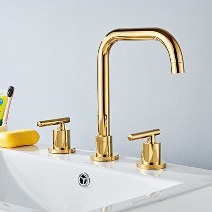 360-Degree Swivel Widespread Bathroom Faucet, Double Lever Handle Brass Basin Faucet, Polished Gold / Chrome