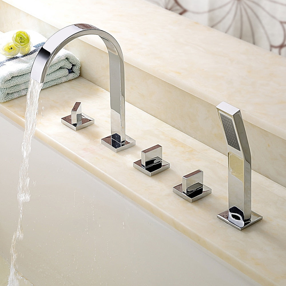 Chrome Waterfall Roman Tub Faucet, 3-Handle Deck-Mount Faucet with Handheld Shower