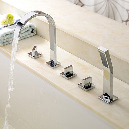 Chrome Waterfall Roman Tub Faucet, 3-Handle Deck-Mount Faucet with Handheld Shower
