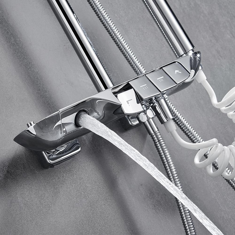 Thermostatic Wall-Mount Shower System, Multi-Function Rainfall Faucet with Handheld Shower, Chrome / Gunmetal