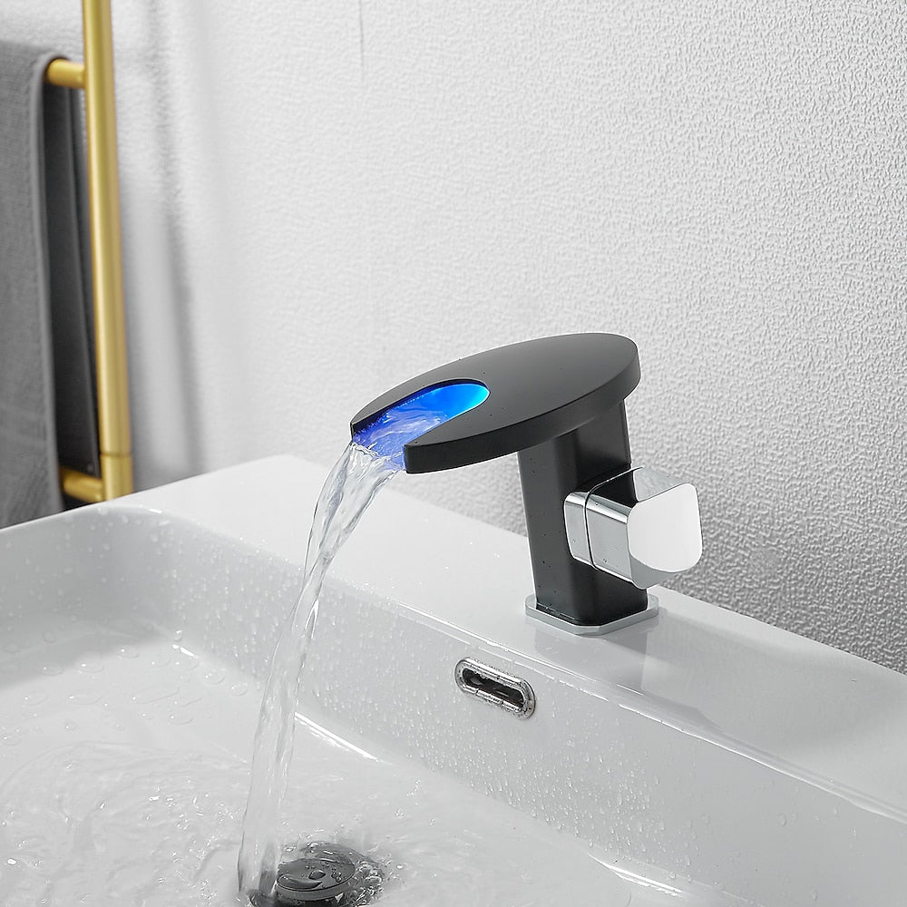 LED Waterfall Bathroom Faucet, Single-Handle Deck-Mount Faucet, Matte Black / Chrome / Polished Gold / Matte White