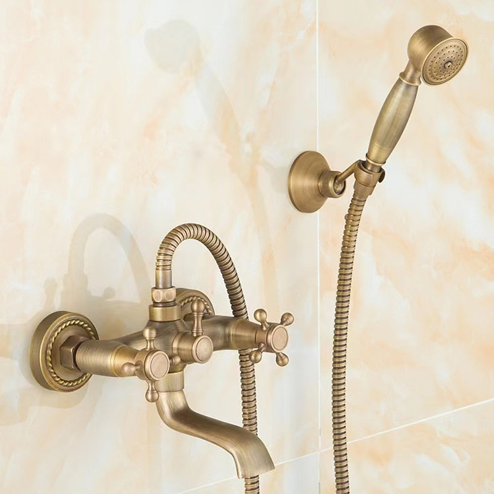 Vintage Brass Wall-Mount Tub Filler Faucet, Dual-Handle Tub Faucet with Handheld Shower, Antique Brass / Oil-Rubbed Bronze