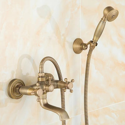 Vintage Brass Wall-Mount Tub Filler Faucet, Dual-Handle Tub Faucet with Handheld Shower, Antique Brass / Oil-Rubbed Bronze