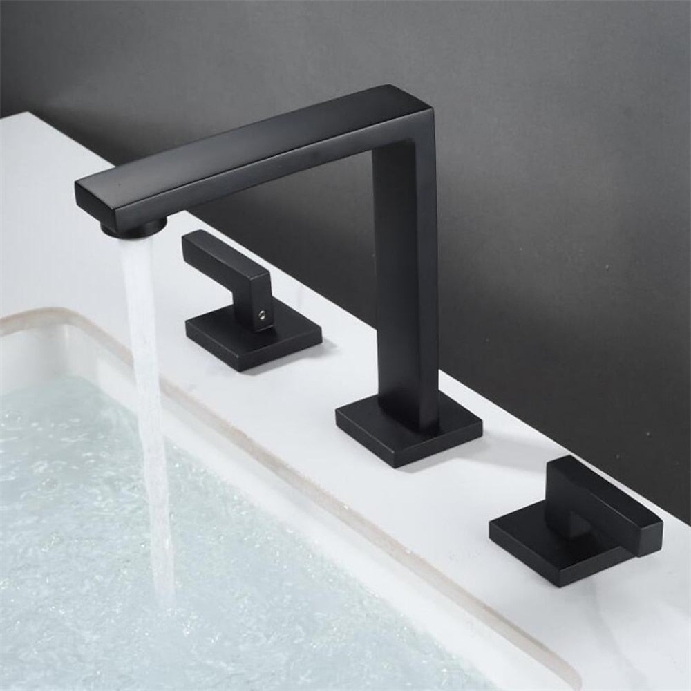 Modern 3-Hole Widespread Bathroom Faucet, Dual-Handle 360-Degree Swivel Brass Faucet, Matte Black / Chrome / Matte White / Antique Brass / Brushed Gold / Gunmetal