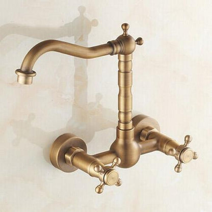 Wall-Mount Antique Brass Kitchen Faucet, Traditional Dual-Handle Swivel Spout Faucet with Inlet Hoses