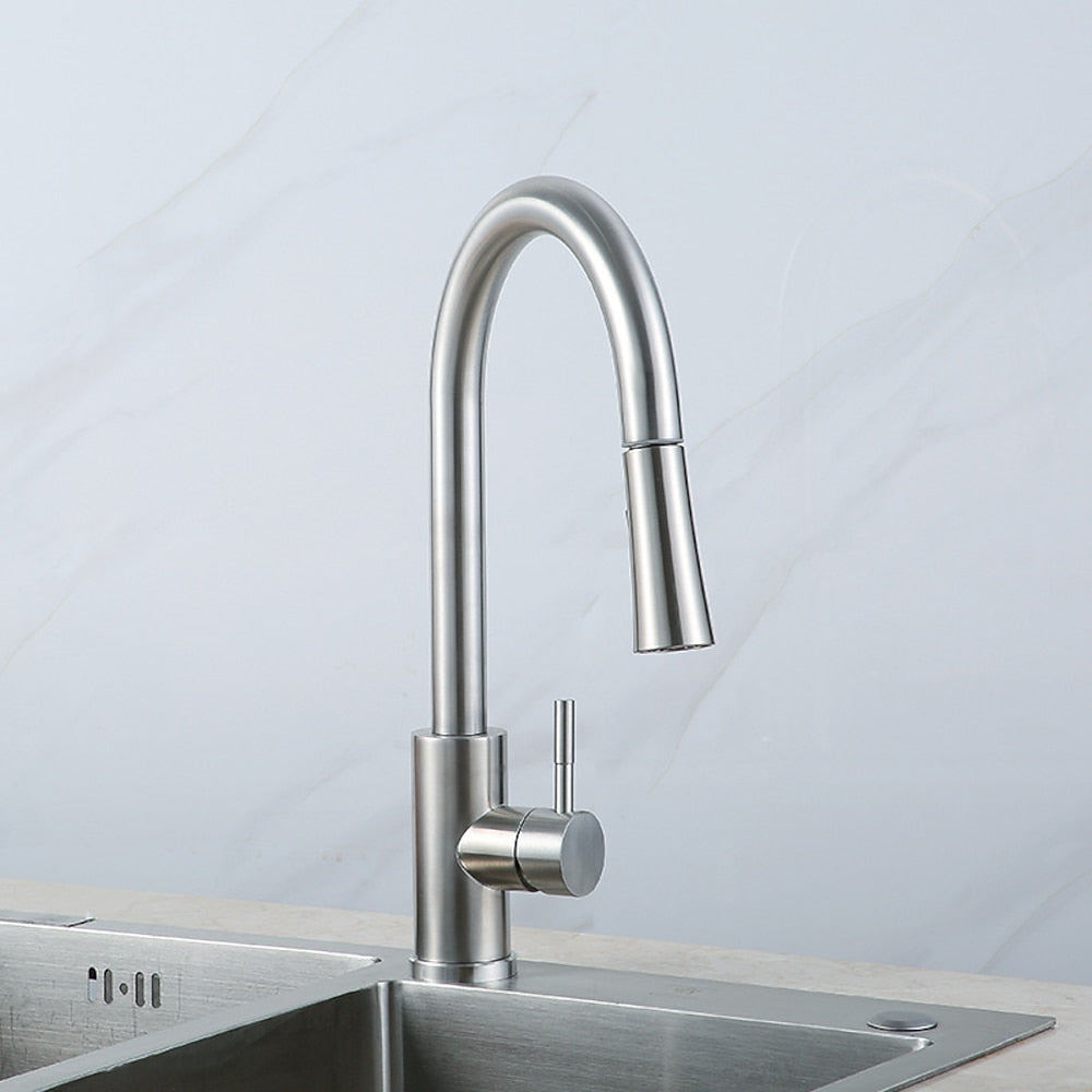 Brushed Nickel Pull-Down Kitchen Faucet, High-Arc Single-Handle Swivel Faucet