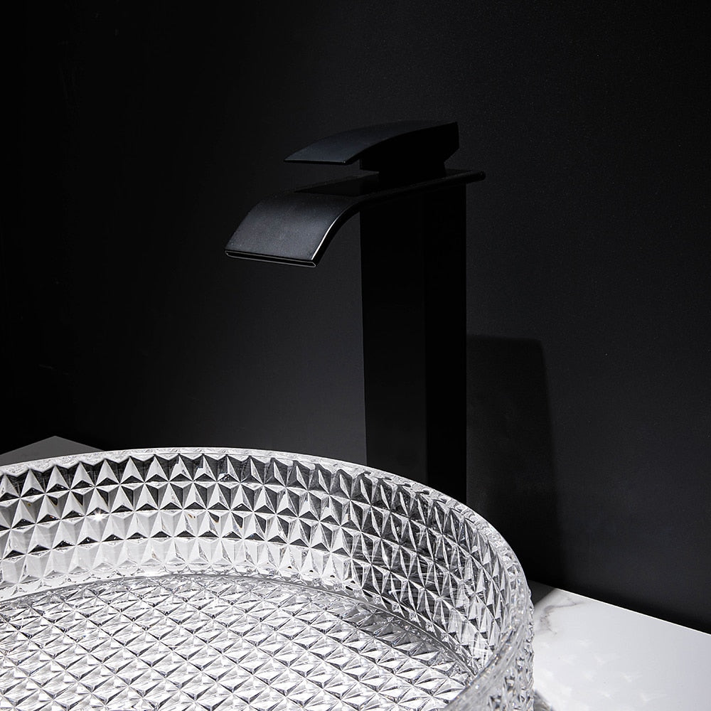 Modern Tempered Glass Vessel Sink with Matte Black Waterfall Faucet, Single-Hole Bathroom Vanity Basin Set with Pop-Up Drain / Mounting Ring