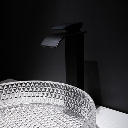 Modern Tempered Glass Vessel Sink with Matte Black Waterfall Faucet, Single-Hole Bathroom Vanity Basin Set with Pop-Up Drain / Mounting Ring