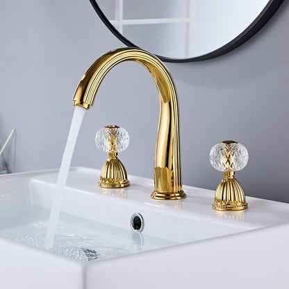 Polished Gold Modern 3-Hole Widespread Bathroom Sink Faucet, High Arc Spout Faucet with Faceted Crystal Knob Handles