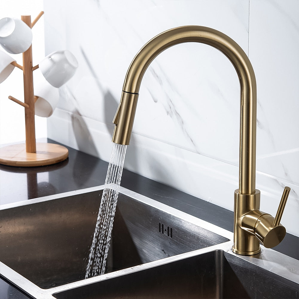 Modern Pull-Down Kitchen Faucet, Single-Handle Swivel Spout Faucet, Matte Black / Brushed Gold / Brushed Nickel / Chrome / Gunmetal