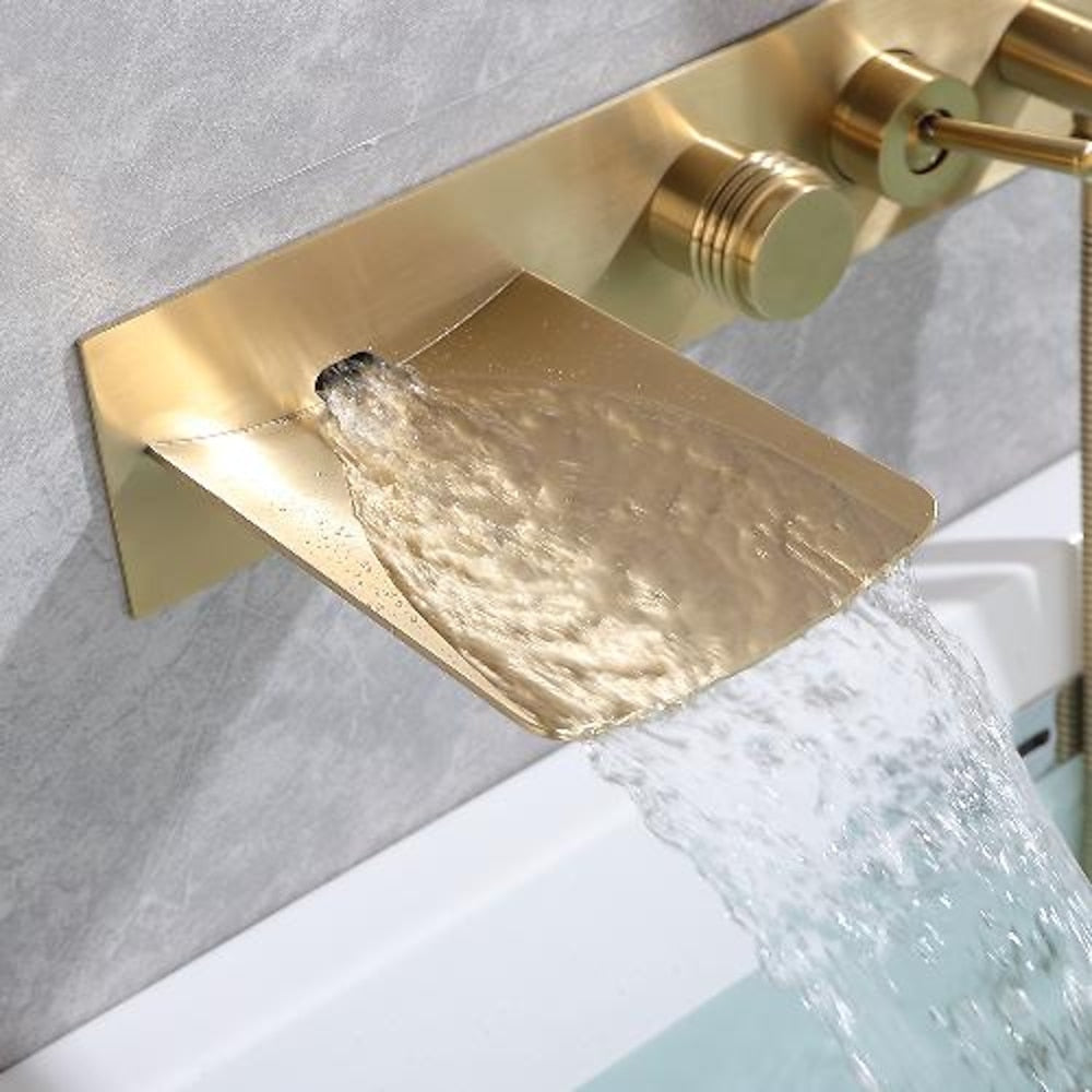 Waterfall Wall-Mount Tub Filler Faucet, Brass Bathtub Faucet with Handheld Shower, Brushed Gold / Matte Black