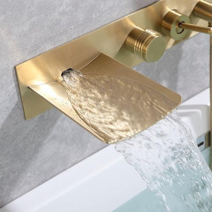 Waterfall Wall-Mount Tub Filler Faucet, Brass Bathtub Faucet with Handheld Shower, Brushed Gold / Matte Black