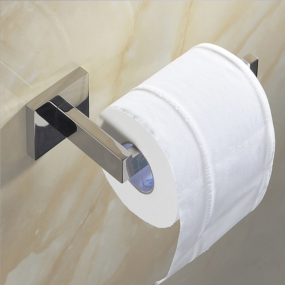 Chrome Wall-Mounted Stainless Steel Bathroom Hardware Set, 4-Piece Bathroom Accessory Kit with Double Towel Bar / Toilet Paper Holder / Robe Hook / Towel Holder