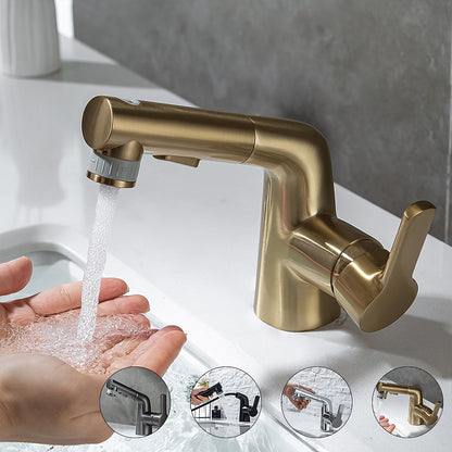 Modern Pull-Out Bathroom Sink Faucet, Single-Handle Swivel Spout Faucet, Brushed Gold / Chrome / Matte Black / Gunmetal