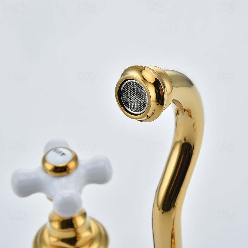 Vintage Wall-Mount Bathroom Faucet, Dual Cross Handle Brass Faucet, Polished Gold / Chrome
