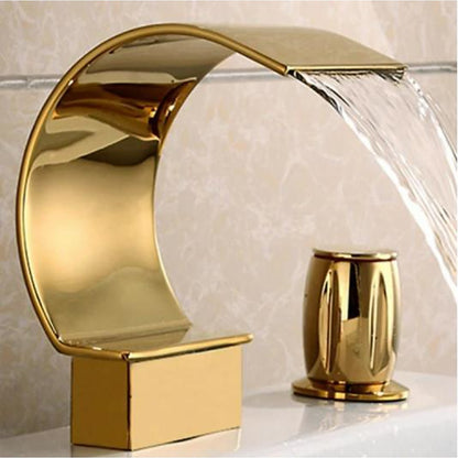 Waterfall Spout Bathroom Faucet, Modern Widespread Dual-Handle Faucet, Matte Black / Polished Gold