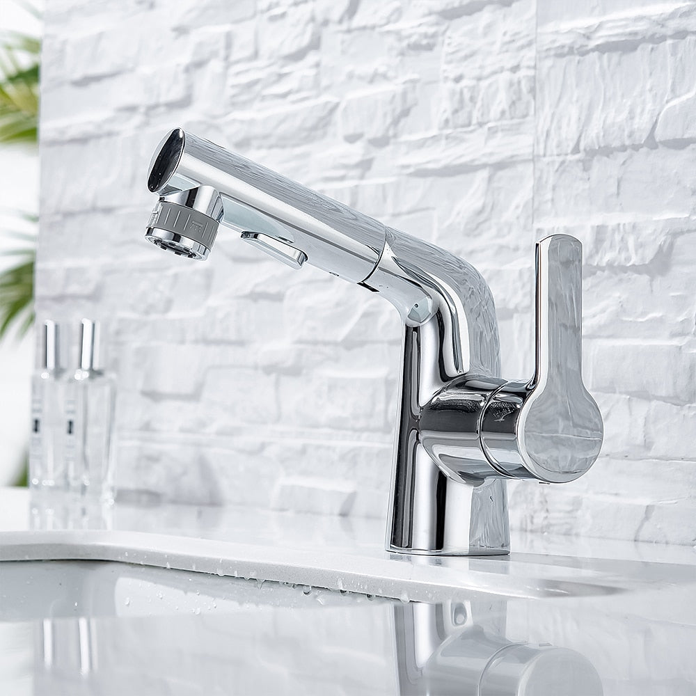 Modern Pull-Out Bathroom Sink Faucet, Single-Handle Swivel Spout Faucet, Brushed Gold / Chrome / Matte Black / Gunmetal