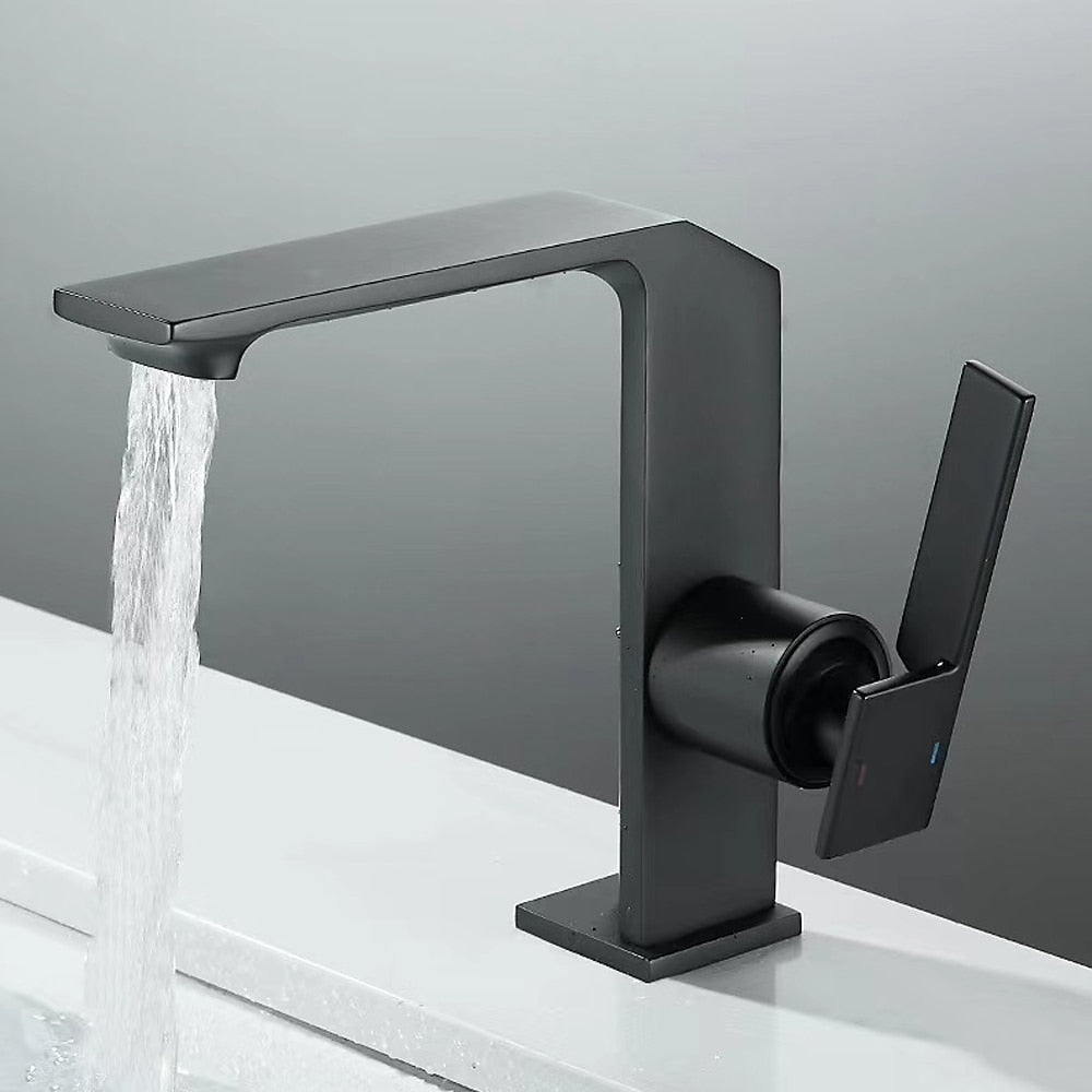 Modern Waterfall Bathroom Faucet, Single-Handle Brass Faucet, Matte Black / Chrome / Brushed Gold / Gunmetal