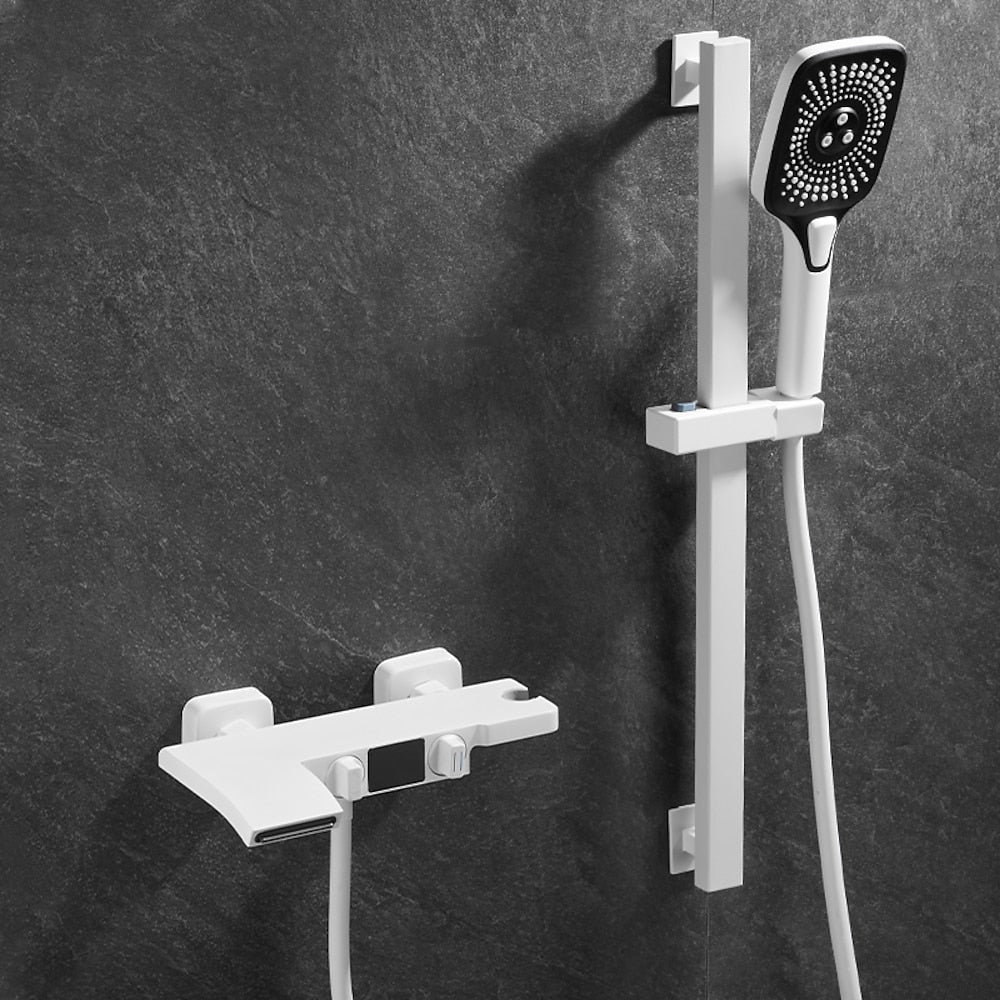 Wall-Mount Waterfall Tub Faucet, Dual-Handle Bath Mixer Tap with Handheld Shower