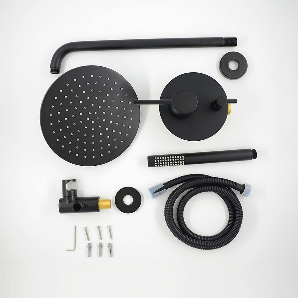 Rainfall Matte Black Wall-Mounted Shower System, Single-Handle Faucet with Handheld Shower