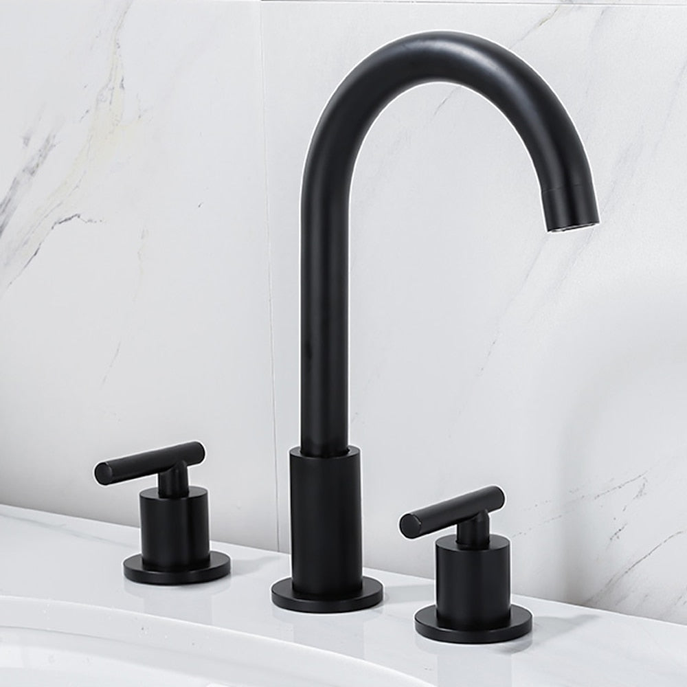 Modern 3-Hole Widespread Bathroom Faucet, Brass Dual-Handle Faucet with 360-Degree Swivel Spout, Chrome / Matte Black / Polished Gold