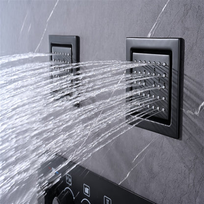 Matte Black Thermostatic Waterfall Rainfall Contemporary Shower System, Wall-Mount 5-Function Brass Faucet with Handheld Shower