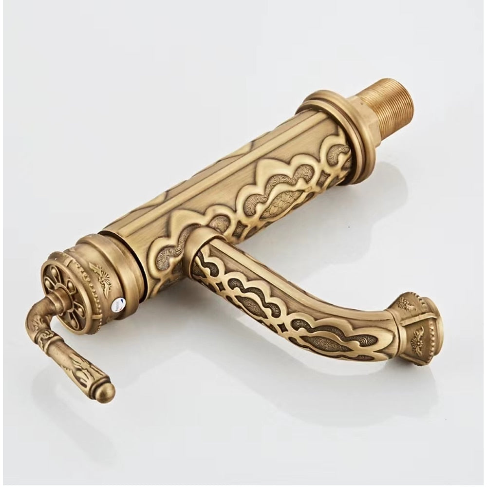 Antique Brass 360-Degree Swivel Spout Vintage Bathroom Faucet, Single-Handle Single-Hole Basin Faucet with Water Inlet Hoses
