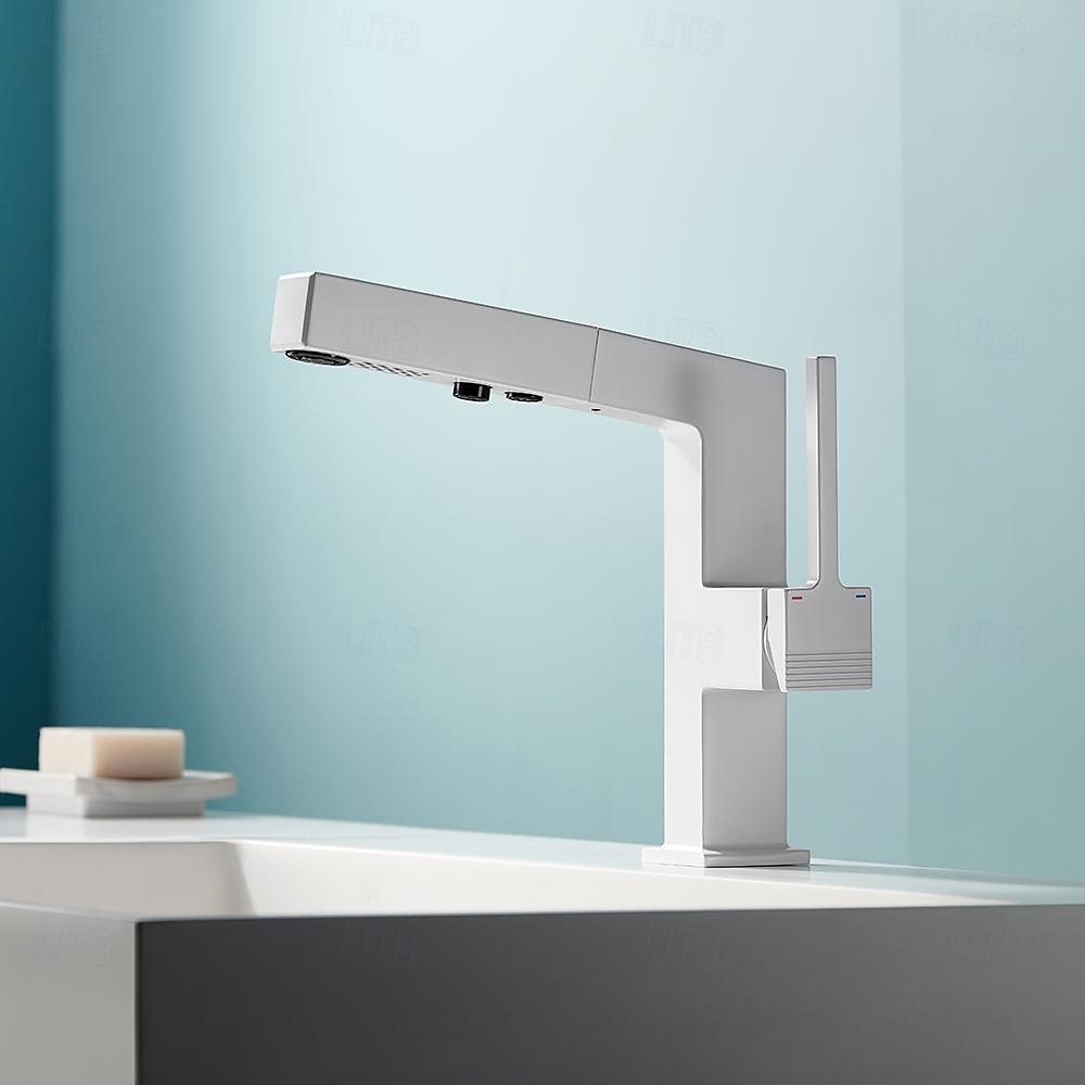 Modern Pull-Out Bathroom Faucet, Single-Handle Brass Sink Faucet, Chrome / Matte Black / Matte White / Gunmetal