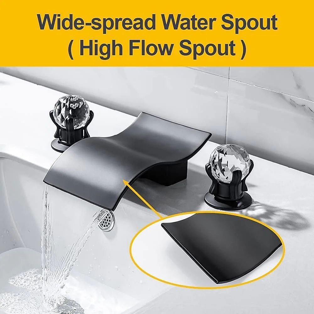 Waterfall Widespread Bathroom Sink Faucet, Double Crystal Knob Handle Deck Mounted Faucet, Matte Black / Chrome / Brushed Gold / Brushed Nickel / Gunmetal / PVD