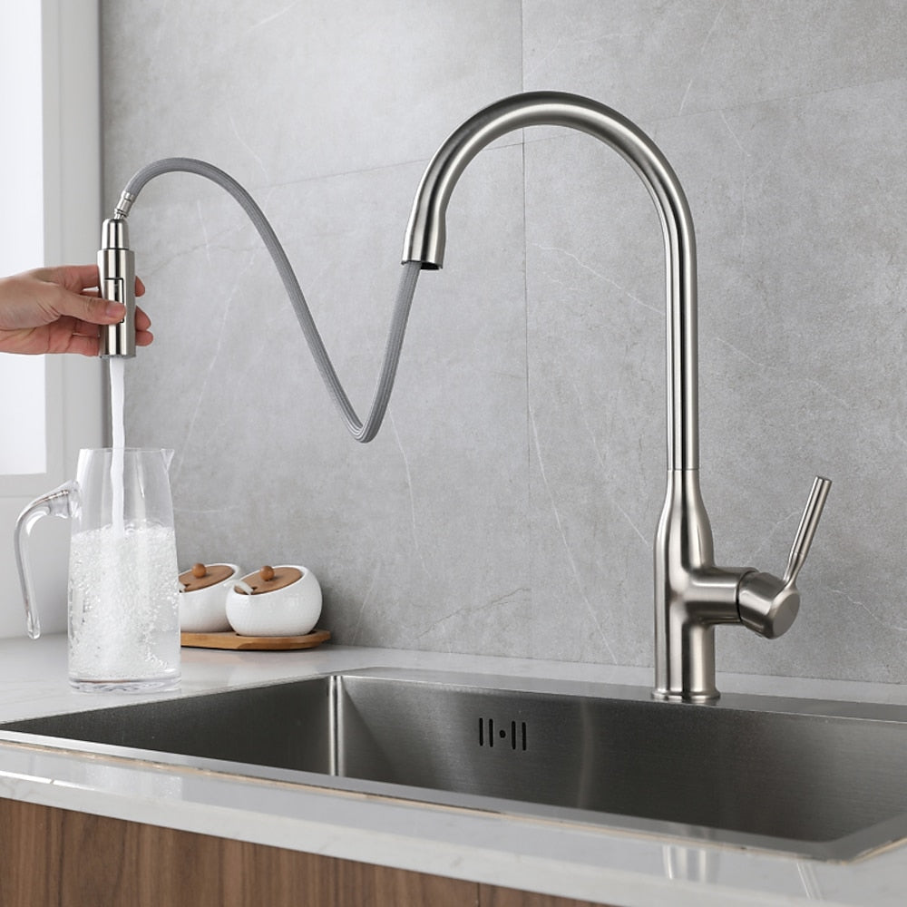 Pull-Down High Arc Kitchen Faucet, Single-Handle Brass Faucet, Matte Black / Brushed Nickel / Gunmetal / Chrome