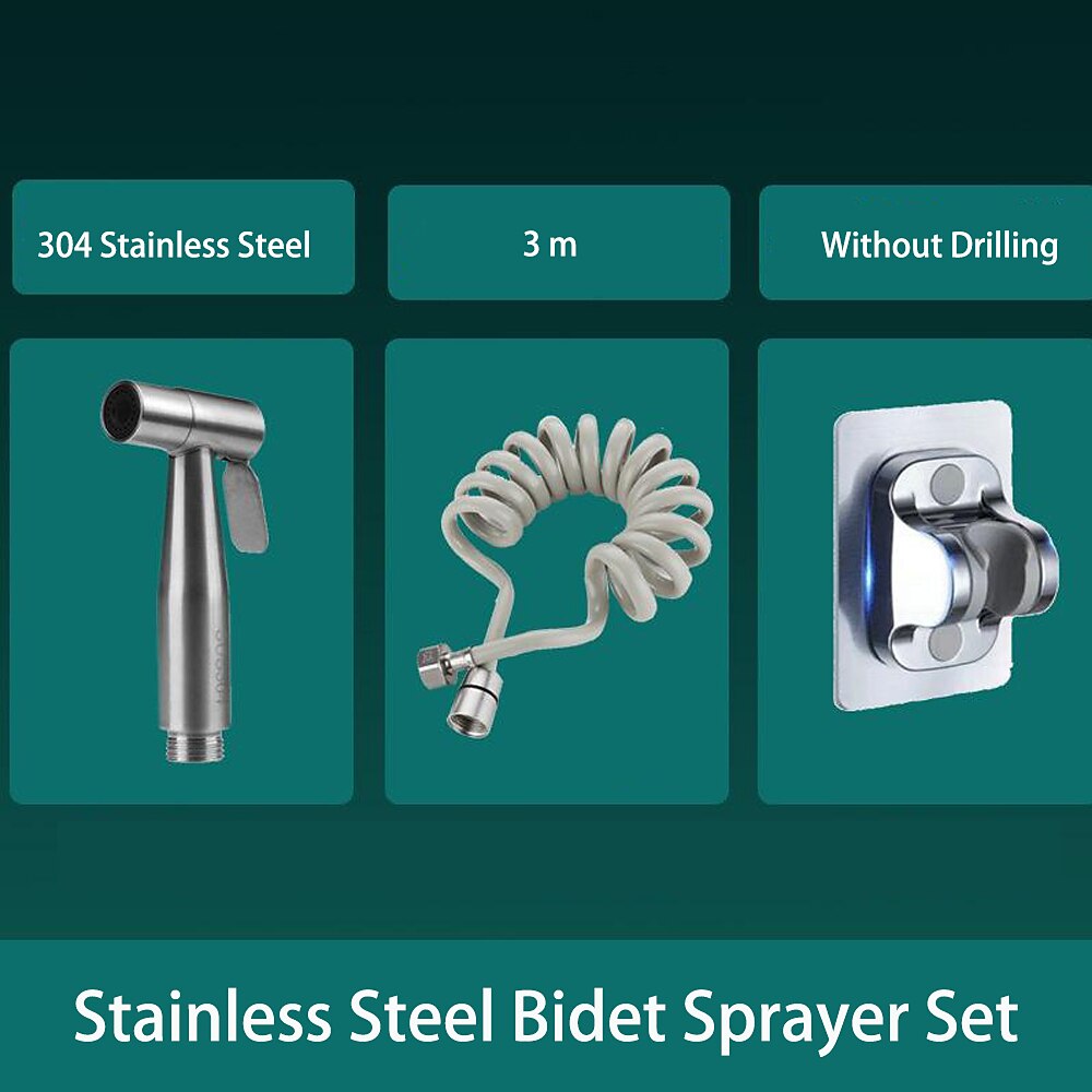 No-Drilling Wall-Mount Bidet Sprayer Set, Handheld Toilet Shattaf Sprayer, Stainless Steel / Matte Black
