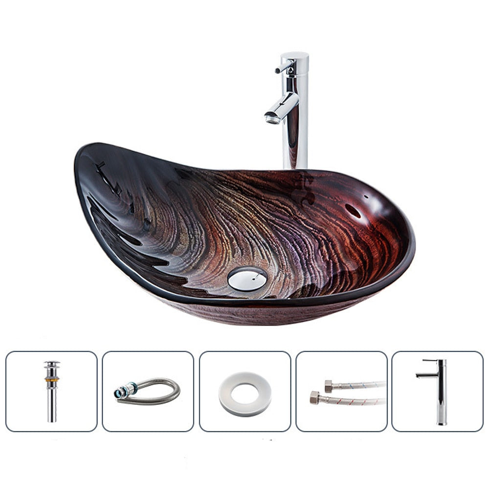 Modern Boat-Shape Tempered Glass Vessel Sink Faucet Combo, Vessel Sink Faucet Combo with Pop-Up Drain, Multi- / Gold / Bronze / Copper / Silver