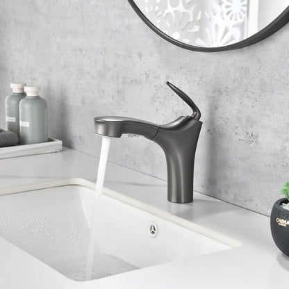 Pull-Out Single-Hole Bathroom Faucet, Single-Handle Brass Faucet, Brushed Gold / Matte Black / Matte White / Chrome / Gunmetal