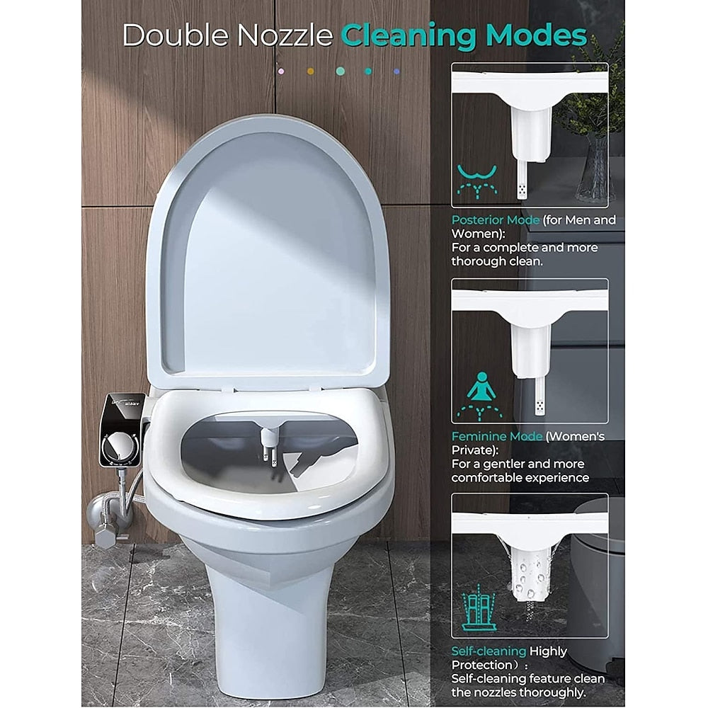 Matte White Non-Electric Dual-Nozzle Toilet Bidet Attachment, Self-Cleaning Bidet Sprayer with Adjustable Water Pressure Controls