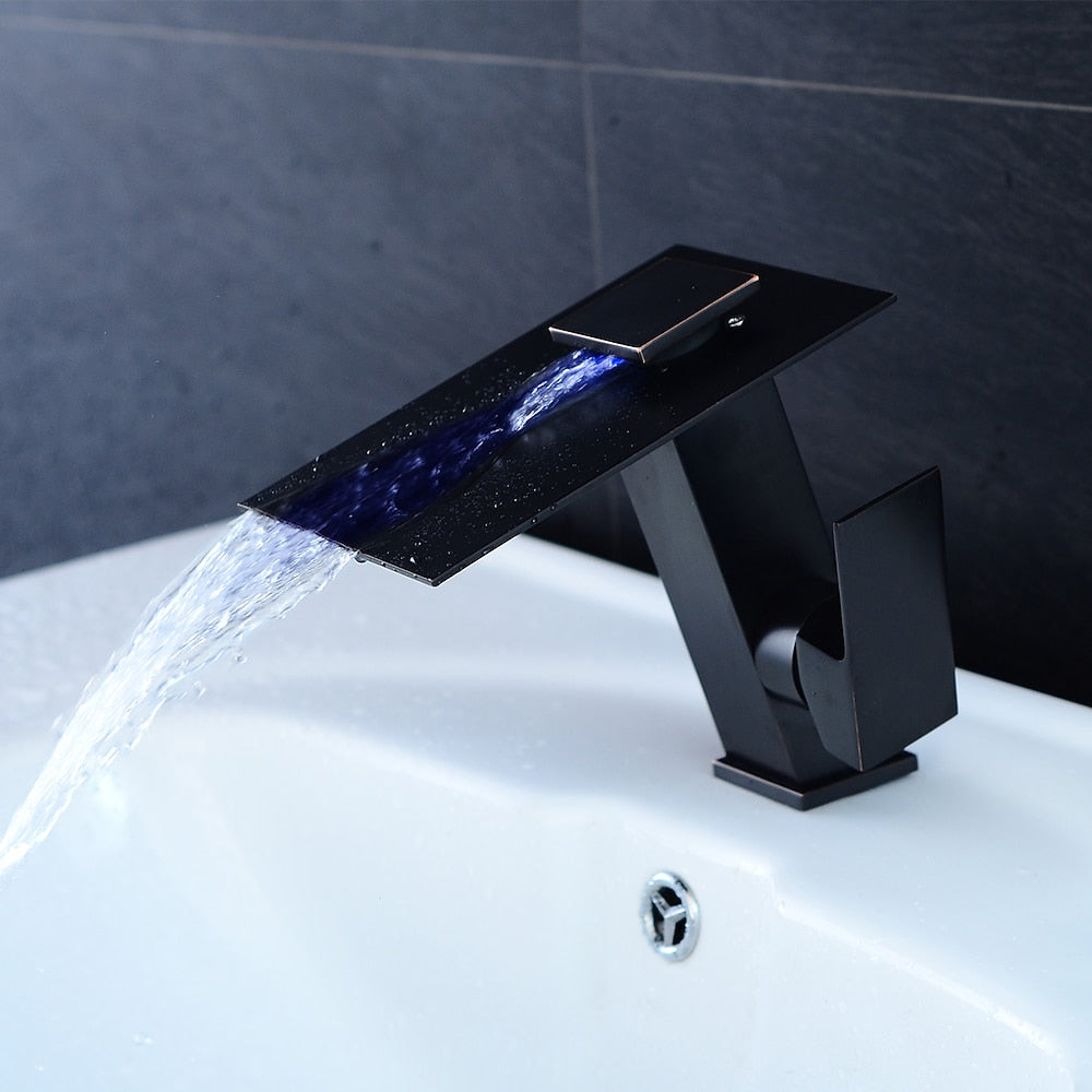 LED Waterfall Bathroom Faucet, Single-Hole Single-Handle Brass Faucet, Brushed Nickel / Chrome / Oil-Rubbed Bronze