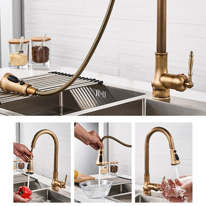 Antique Brass Retro Kitchen Faucet, Deck-Mount Single-Handle Pull-Out Faucet with Soap Dispenser / Pop-Up Drain