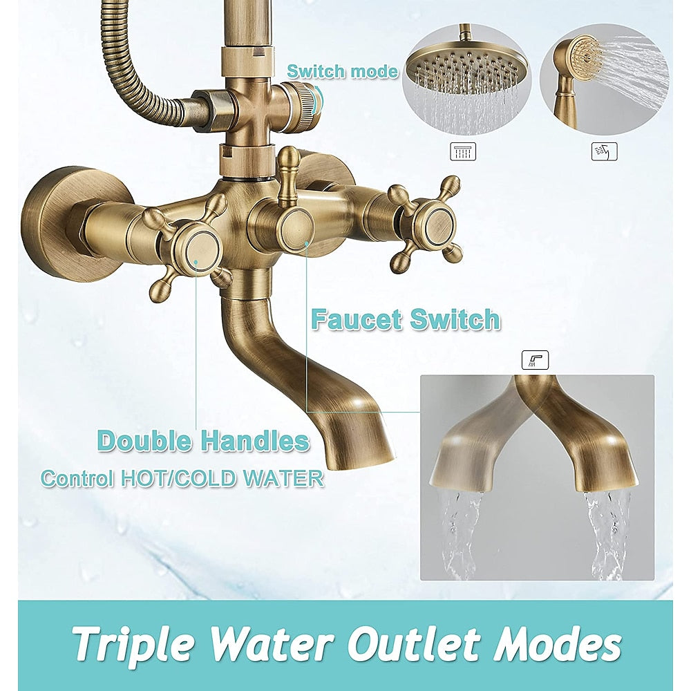 Antique Brass Rainfall Shower System, Wall-Mount Double Cross Handle Shower Faucet with Handheld Shower / Swivel Tub Spout