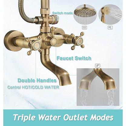 Antique Brass Rainfall Shower System, Wall-Mount Double Cross Handle Shower Faucet with Handheld Shower / Swivel Tub Spout