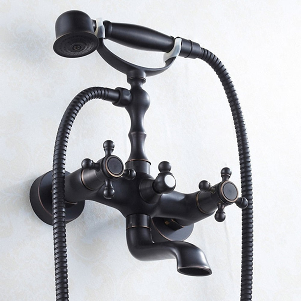Vintage Oil-Rubbed Bronze Wall-Mount Tub Filler Faucet, Double-Handle Brass Bath Faucet with Handheld Shower