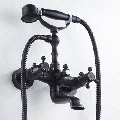 Vintage Oil-Rubbed Bronze Wall-Mount Tub Filler Faucet, Double-Handle Brass Bath Faucet with Handheld Shower