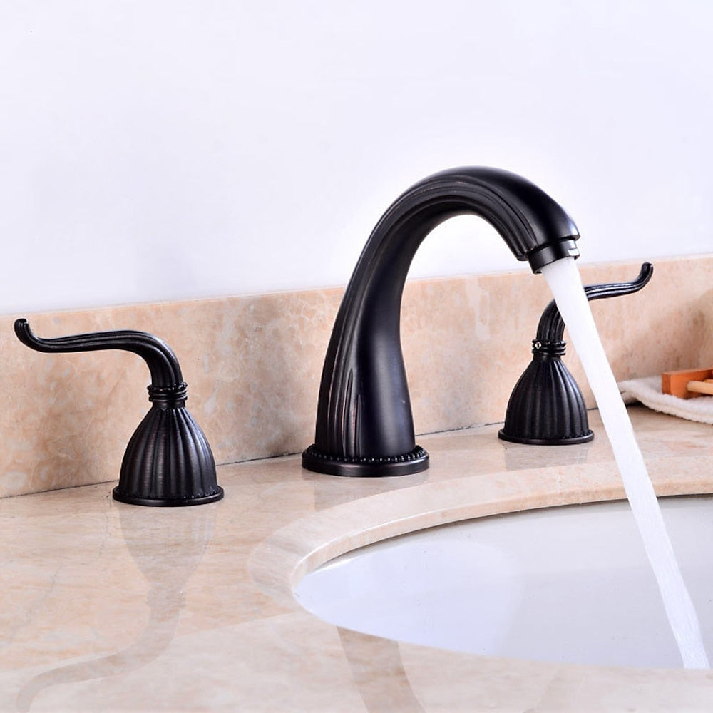 Vintage 3-Hole Widespread Bathroom Sink Faucet, Two-Handle Brass Faucet with High Arc Spout, Antique Brass / Oil-Rubbed Bronze