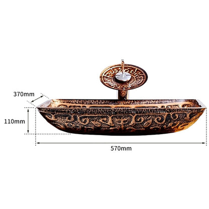 Vintage Bronze Tempered Glass Rectangular Vessel Sink with Waterfall Faucet, Single-Hole Bathroom Vanity Combo with Pop-Up Drain