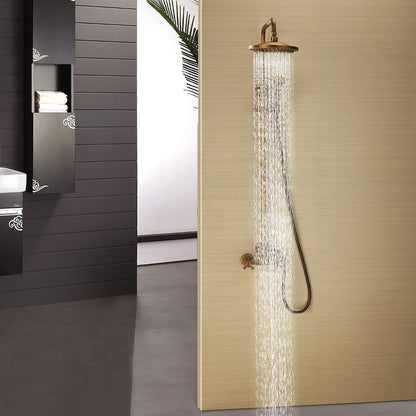 Antique Brass Rainfall Shower System, Wall-Mounted Exposed Pipe Faucet with Handheld Shower
