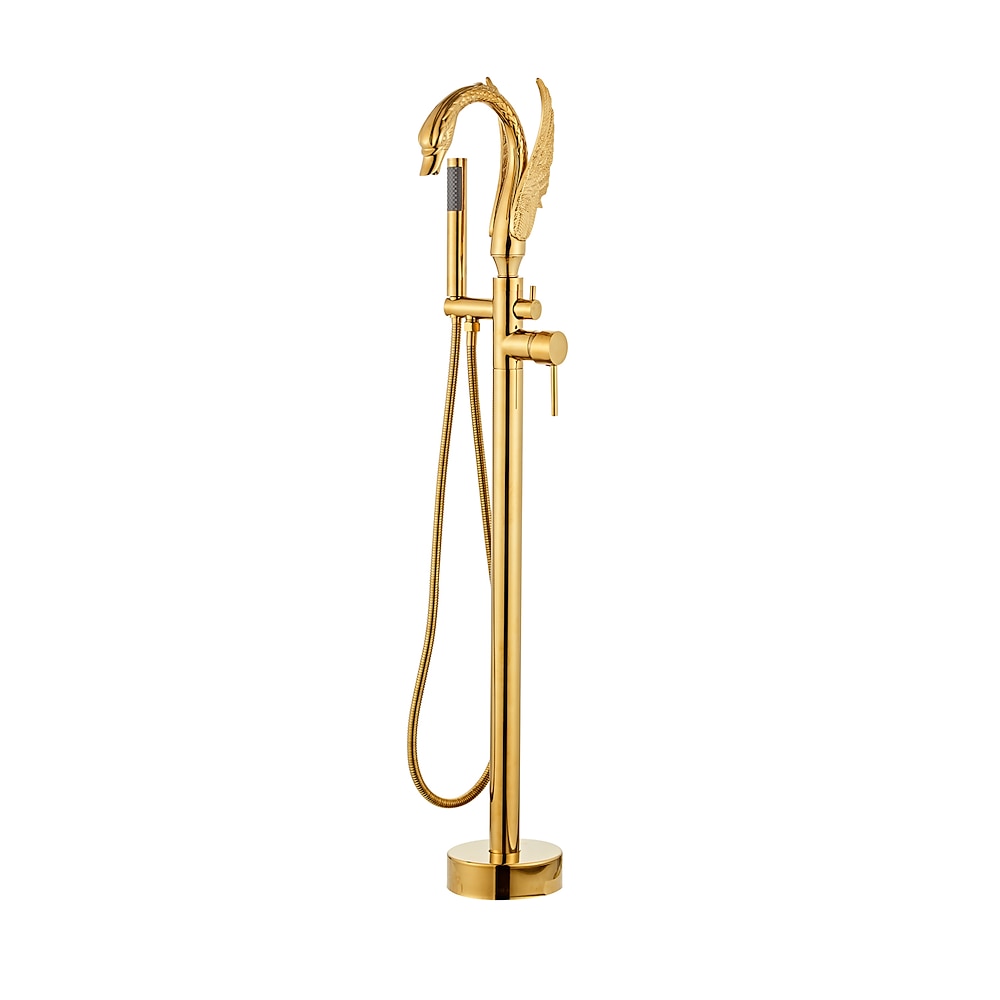 Swan-Design Freestanding Tub Filler Faucet, Single-Handle Bathroom Bathtub Faucet with Handheld Shower, Chrome / Polished Gold / Matte Black