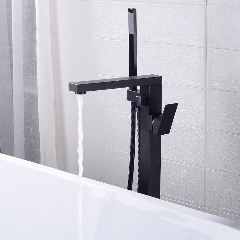 360-Degree Swivel Spout Freestanding Tub Filler Faucet, Single-Handle Floor-Mount Tub Faucet with Hand Shower, Chrome / Matte Black