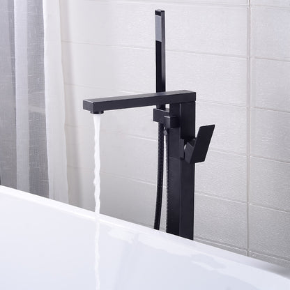 360-Degree Swivel Spout Freestanding Tub Filler Faucet, Single-Handle Floor-Mount Tub Faucet with Hand Shower, Chrome / Matte Black