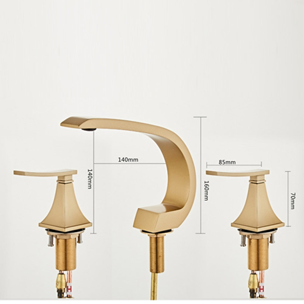 Modern Waterfall Bathroom Sink Faucet, 3-Hole Widespread Dual-Handle Brass Faucet, Brushed Gold / Brushed Nickel / Chrome / Matte Black / Rose Gold / Polished Gold