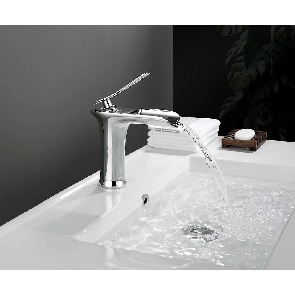 Waterfall Bathroom Sink Faucet, Single-Handle Brass Faucet