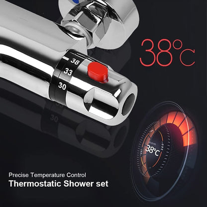 Chrome Thermostatic Wall-Mounted Bath Shower Mixer Valve, Exposed Brass Tub Faucet with Diverter Spout