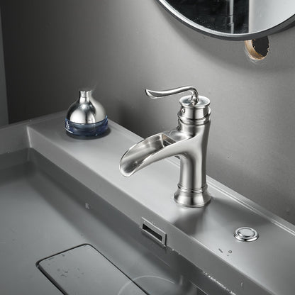 Waterfall Bathroom Faucet, Modern Single-Handle Brass Basin Faucet, Brushed Nickel / Matte Black